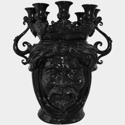 Vaso portacandele con viso di donna in maiolica artigianale di Caltagirone. Testa moderna nera