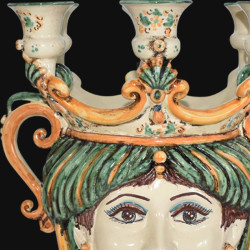 Woman ceramic head candlestick vase h 25 cm green and orange