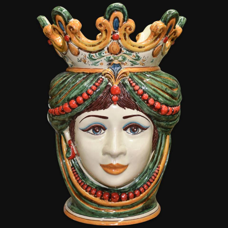 Vaso con viso di donna in ceramica modellato e decorato a mano, Sofia la maiolica calatina