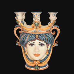 Ceramic Head with candle holder h 25 blu/orange male