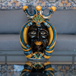 Ceramic Head of Sicily h 38 blu and orange male - Sofia Ceramiche artistic Ceramics