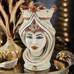 Testa h 45 turbante madreperla antichizzato oro e lustri femmina - Ceramiche moderne Vaso a testa